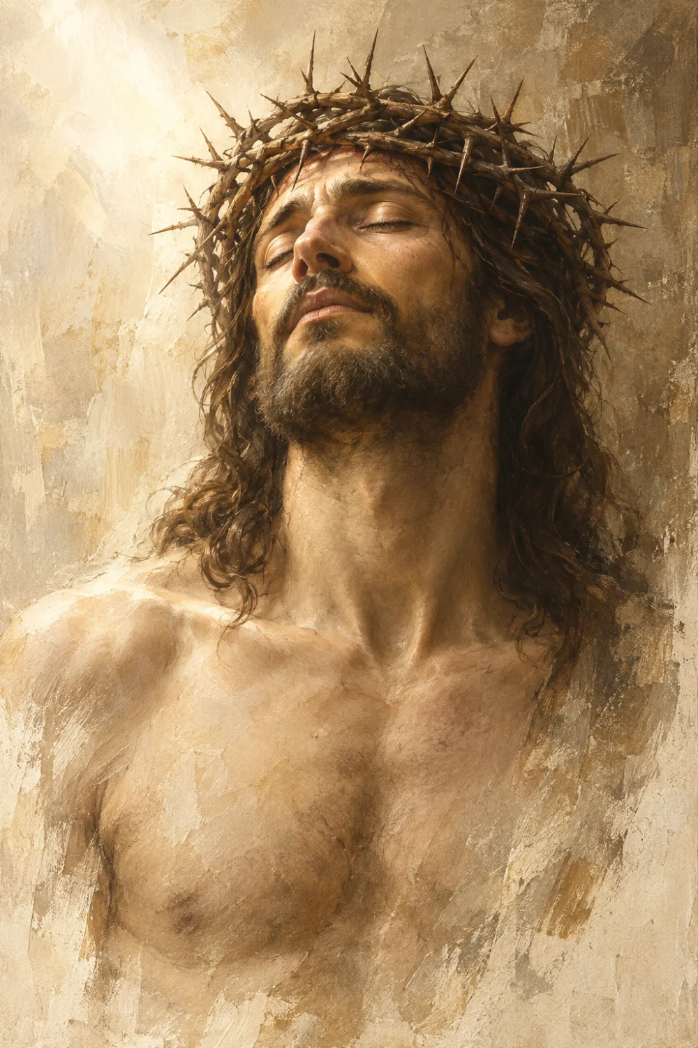 A painterly portrait of Jesus with a crown of thorns, his head tilted upward against a softly textured golden background.