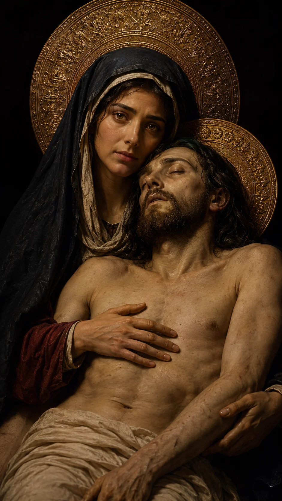 Mary in a dark veil supporting Jesus, with ornate golden halos behind their heads against a dark background.