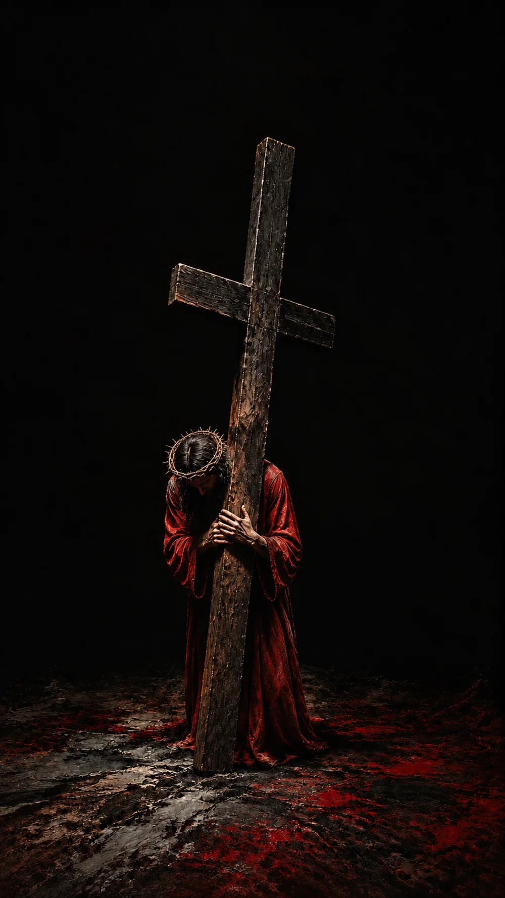 Jesus in a red robe and crown of thorns, bowing his head and holding a tall wooden cross against a dark background.