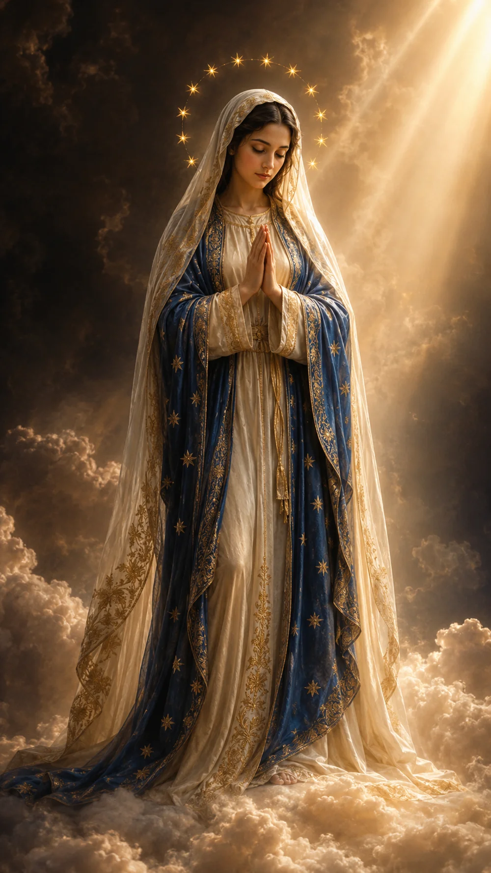 Mary with folded hands, a blue mantle, and an ivory robe, standing among clouds beneath a circle of stars and golden light.