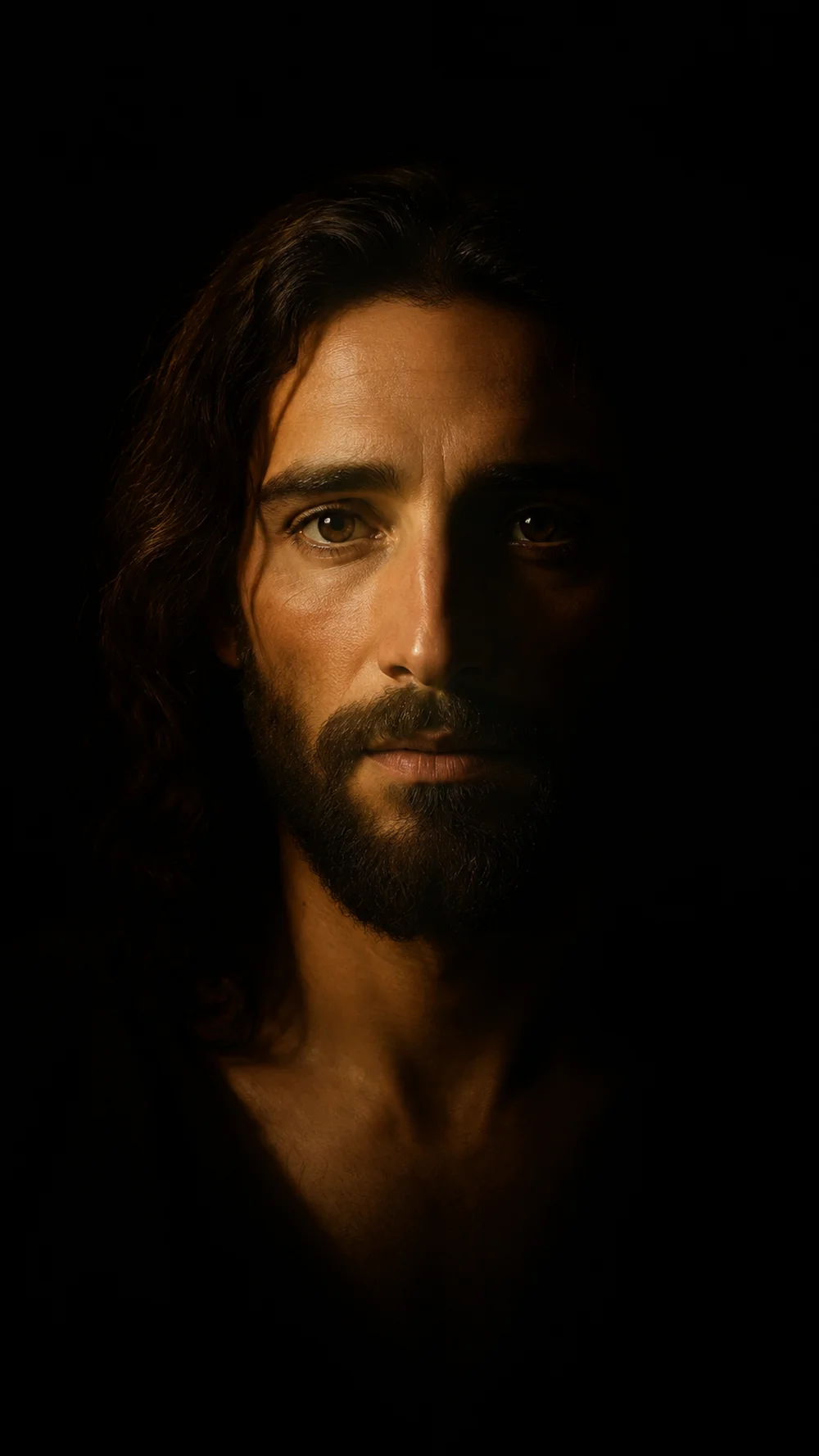 A close-up portrait of Jesus looking forward, with warm light on one side of his face and deep shadows around him.