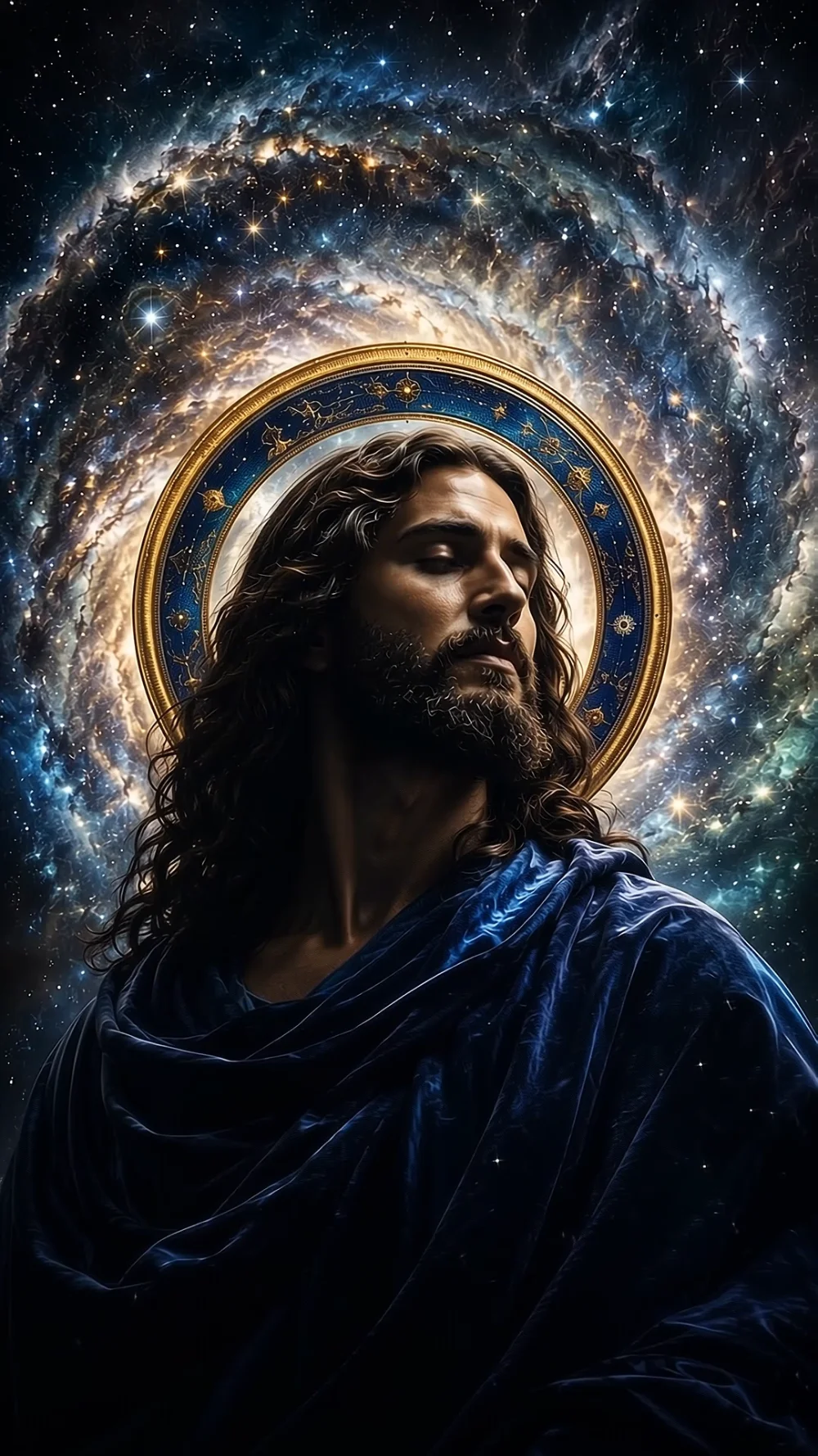 Jesus in a blue robe with a golden halo, surrounded by stars and galaxies.