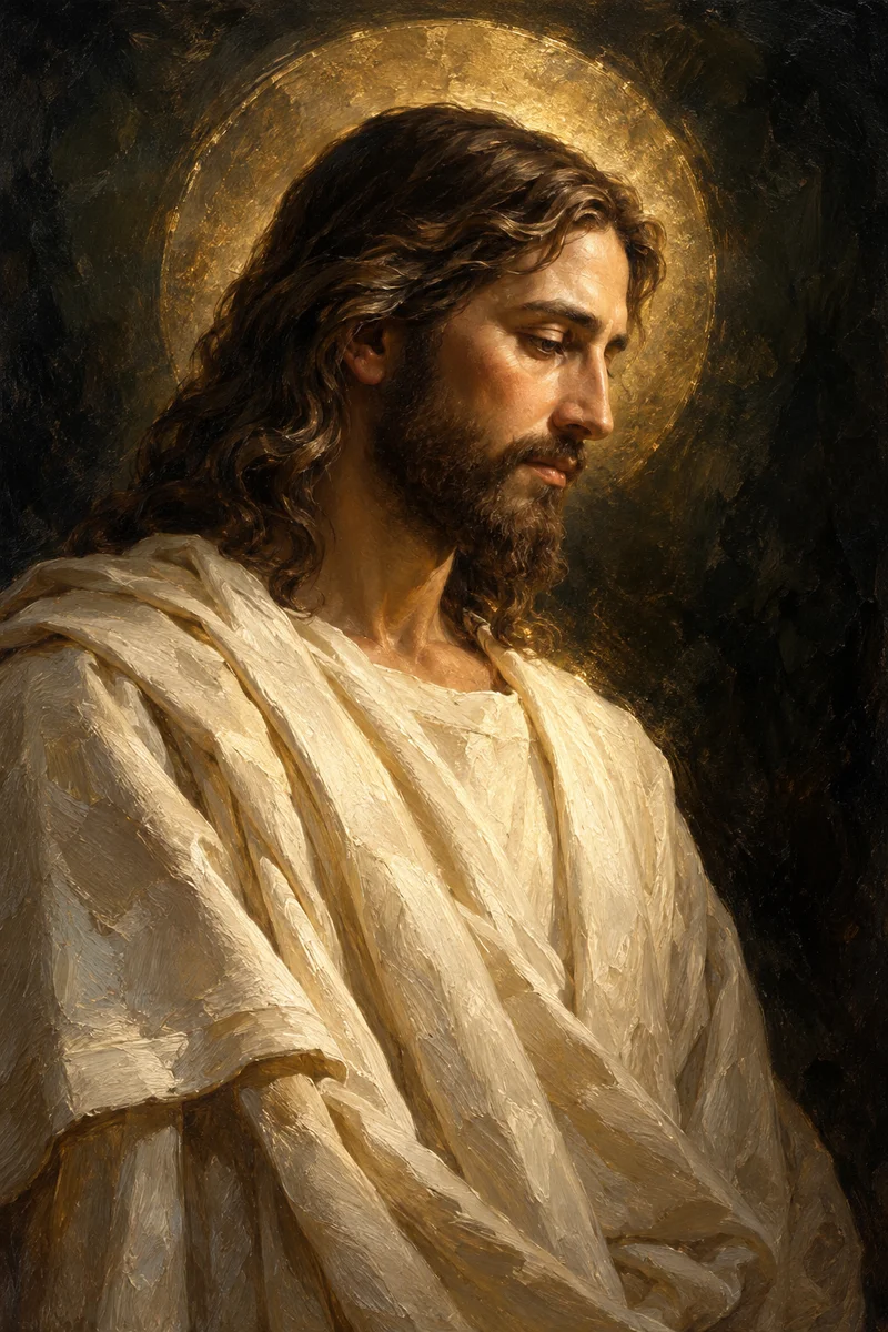 A painted portrait of Jesus in an ivory robe, his face turned gently toward the light.