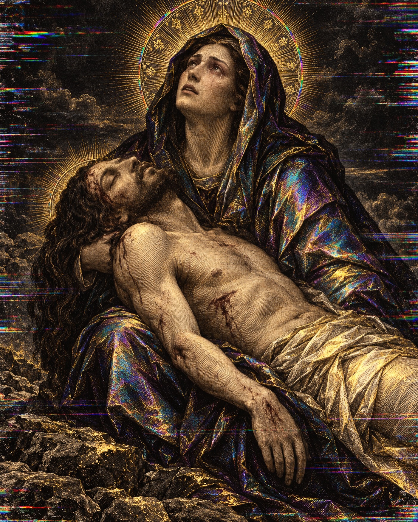 Mary holding the body of Jesus beneath a golden halo, in an iridescent Pietà scene.