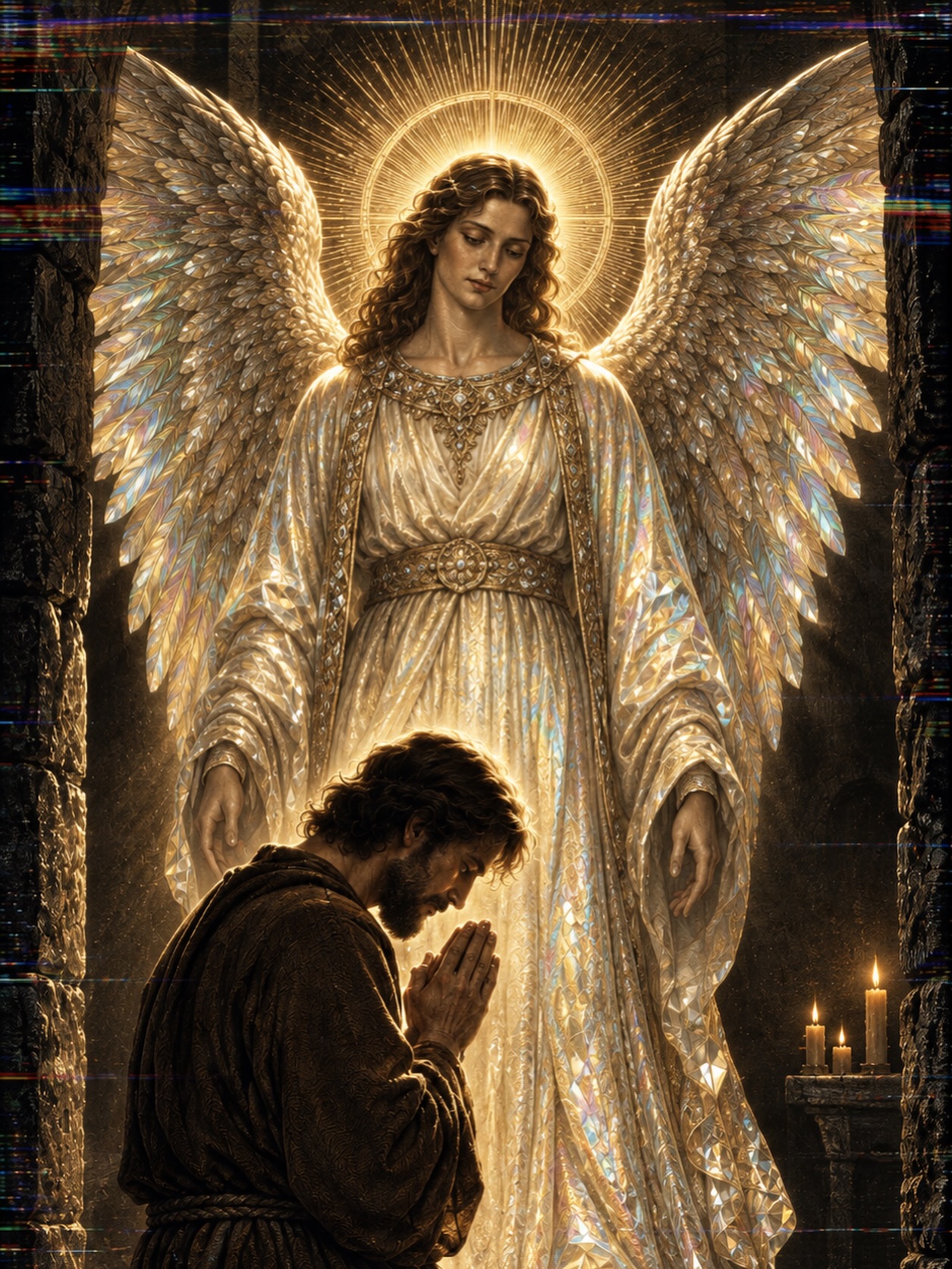 A golden-winged angel standing beside a man kneeling in prayer.