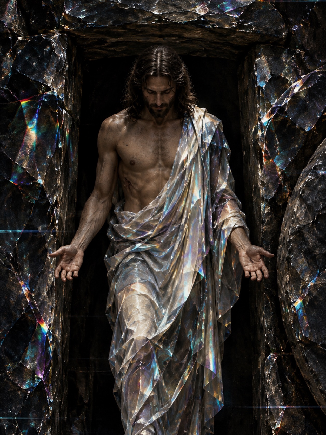 The risen Jesus standing in a dark tomb, draped in iridescent cloth.