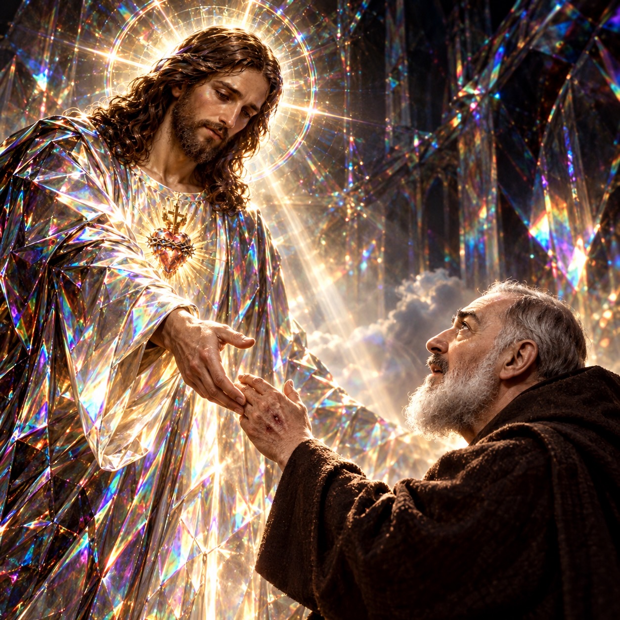 Jesus with a radiant Sacred Heart reaching toward a kneeling friar amid crystalline light.