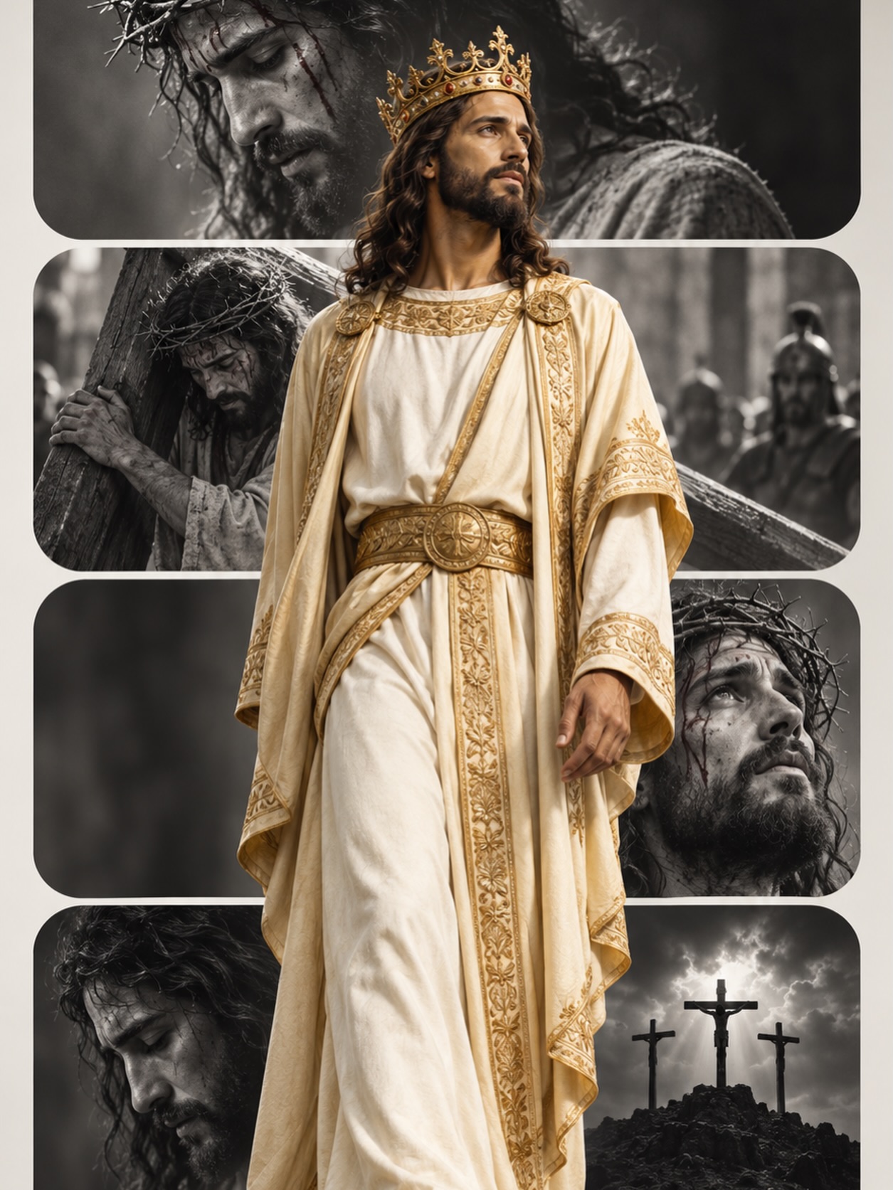 Jesus crowned in gold and white, surrounded by black-and-white scenes of the Passion.