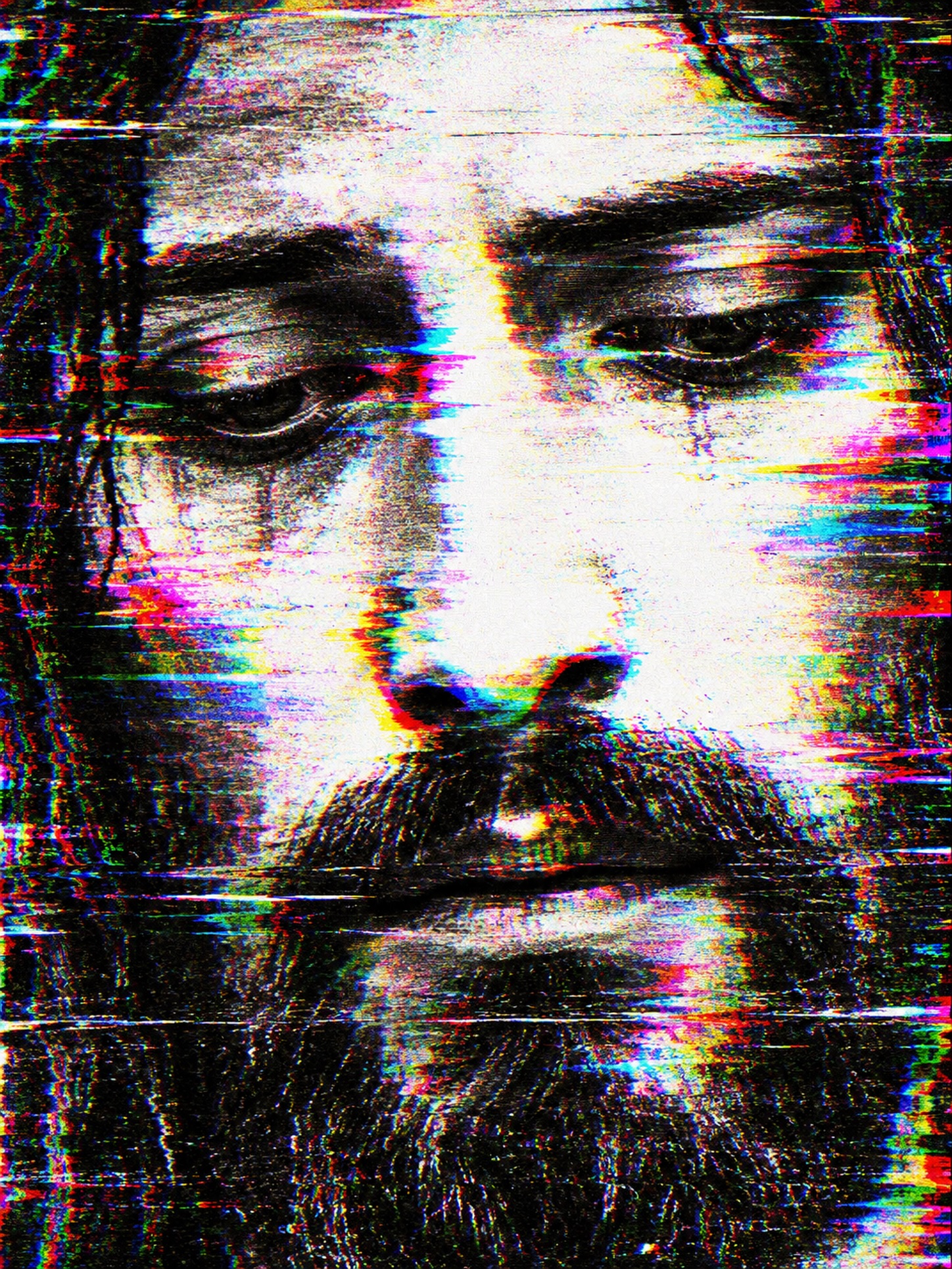 A close portrait of Jesus with a deliberate multicoloured digital glitch effect.